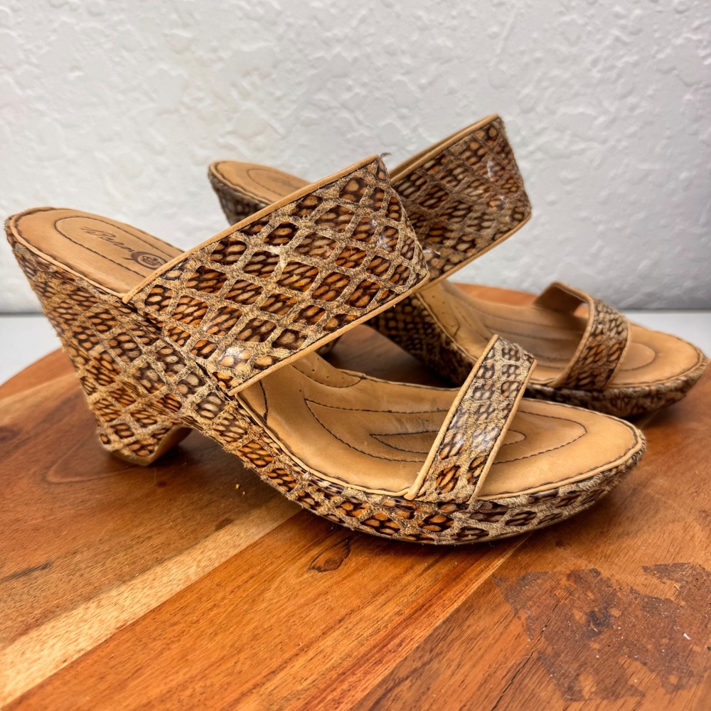 Born Crown Womens W61893 Snakeskin Leather Wedge Slide Sandals Tan Brown Size 8